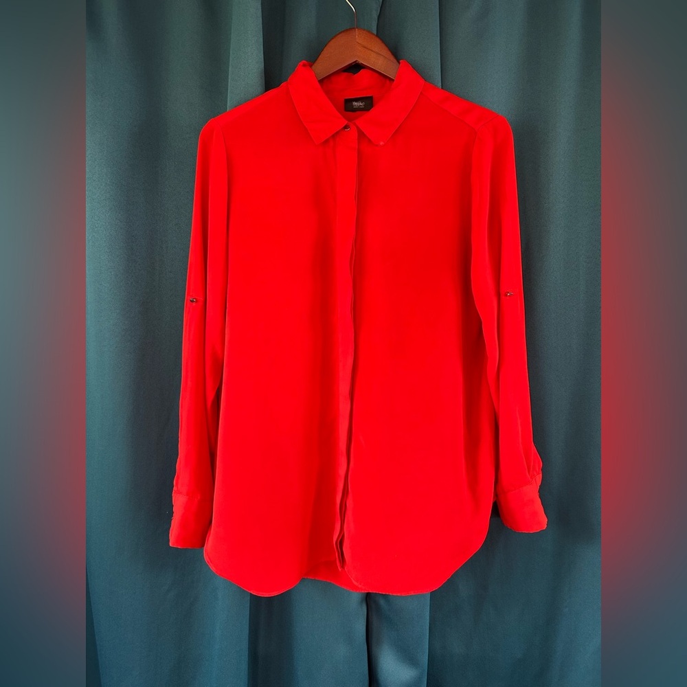 Mossimo Blouse Top Women Orange Red Button Front Roll Tab Sleeve Collared